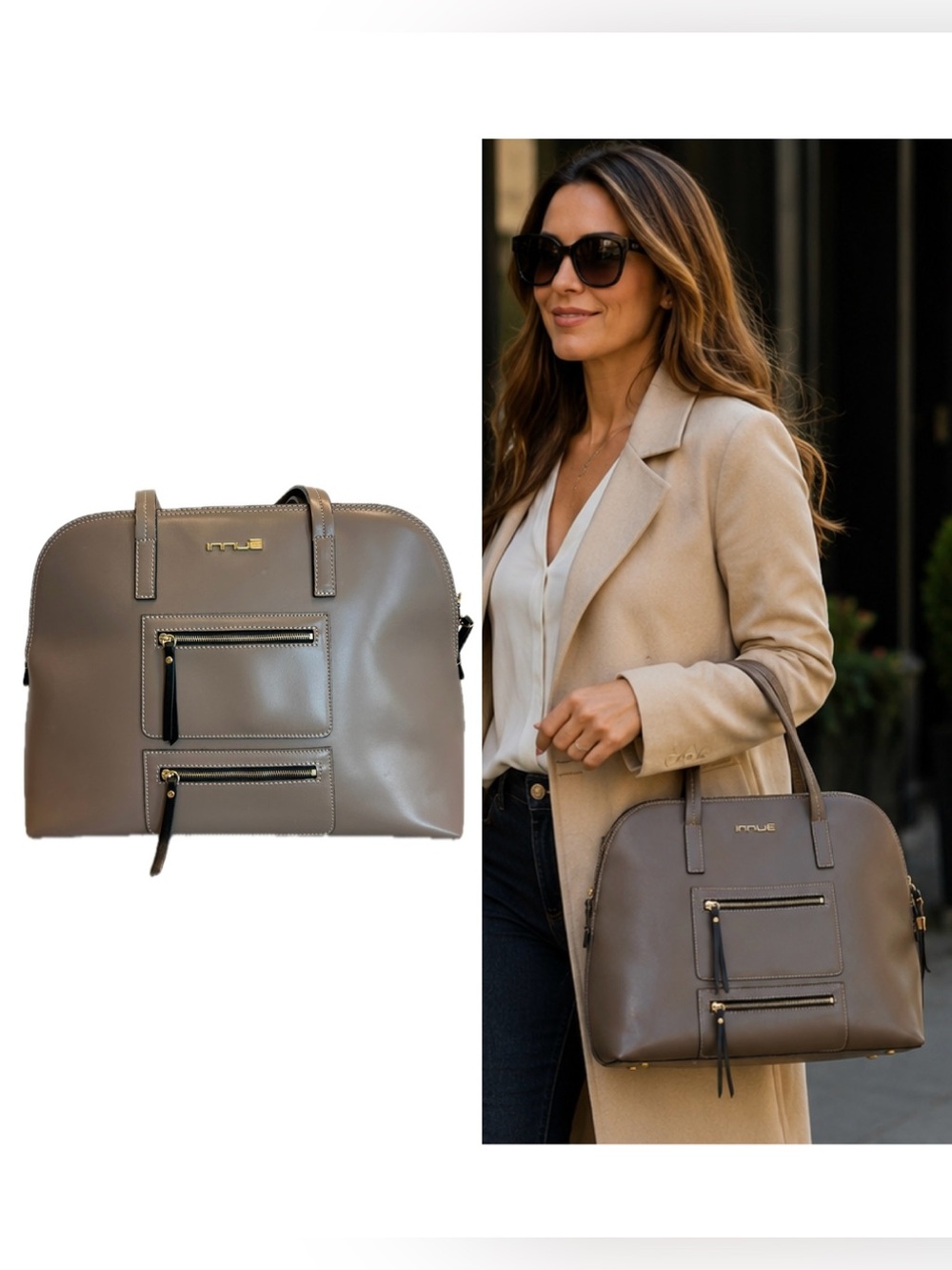 INNUE Taupe Leather Satchel Handbag Gold Hardware Double Zip Pockets